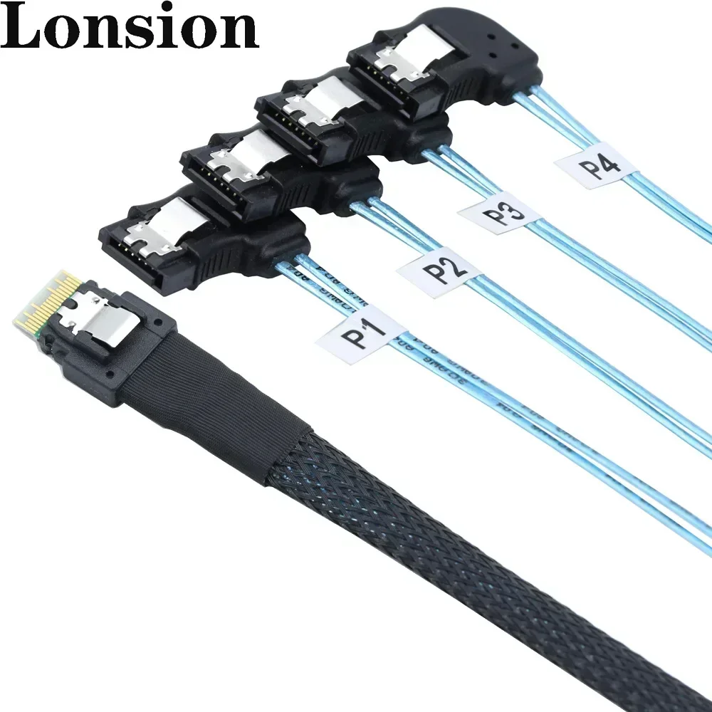Fast PCIE Slimline SAS 4.0 38P SFF-8654 4i to 4 SATA Adapter Cable with 7P Left-Angle Female Connector