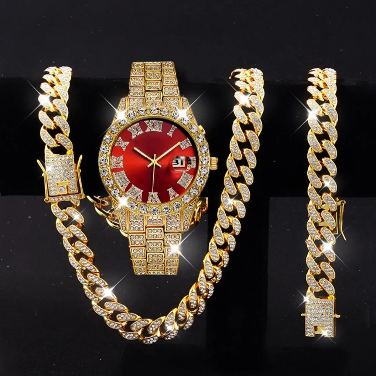 3PCS Luxury Diamond Men's Watch Cuban Bracelet Necklace Set Fashion Roma Dial Stainless Steel Band Quartz Watches（Without Box）