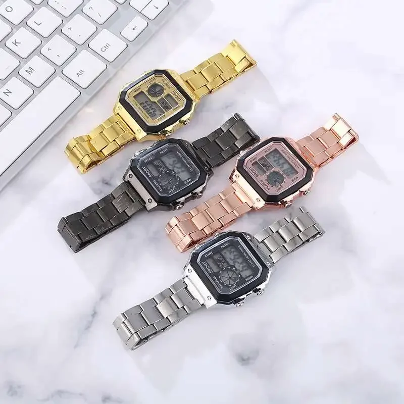 Men Watches Life Waterproof LCD Colorful Cold Light Watch Stainless Steel Digital Watch for Men Alarm Clock World Time Watches