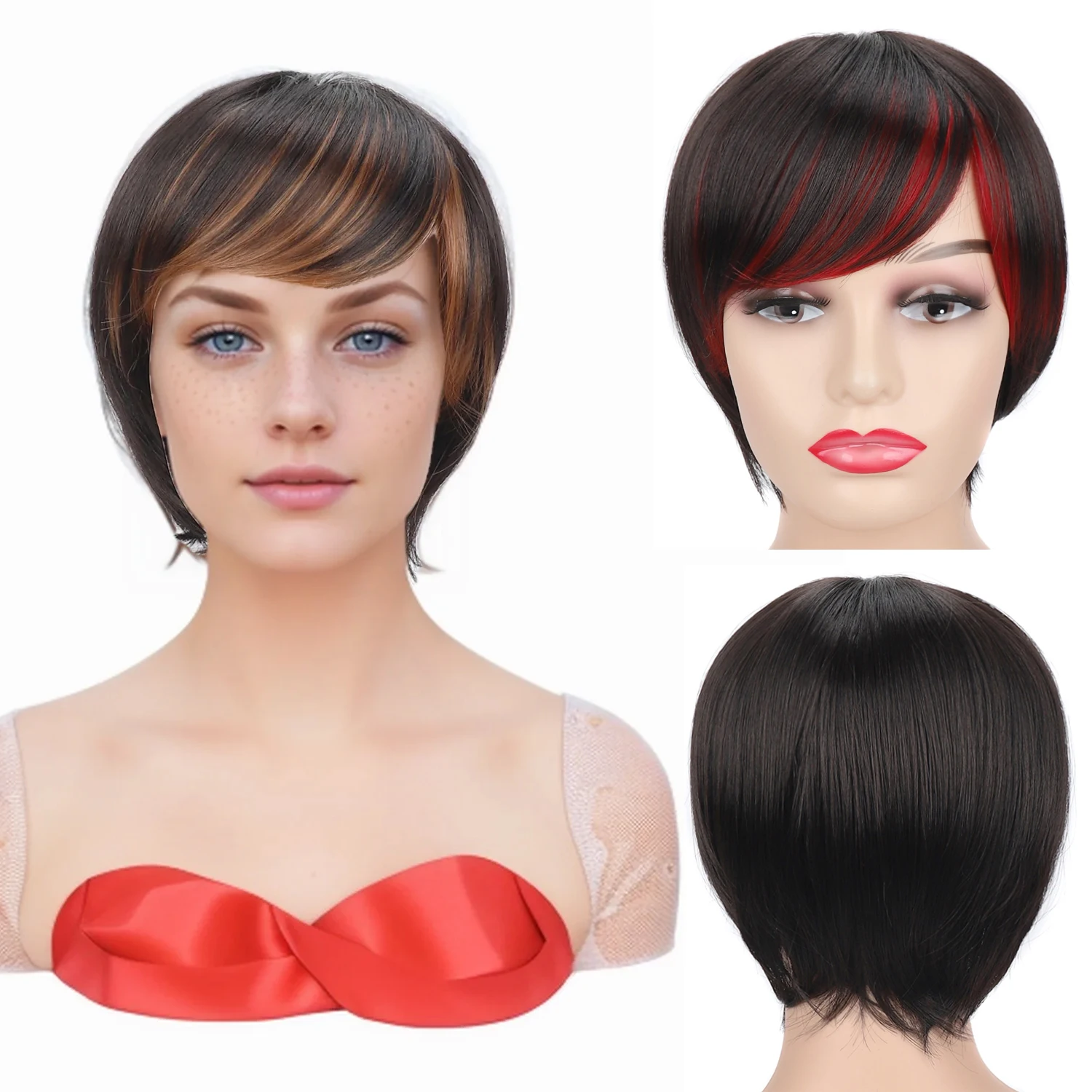 Women's Short Straight Bob Wig with Bangs Fashion Ombre Multi Color Synthetic Hair Wigs for Daily Party Cosplay Natural Looking