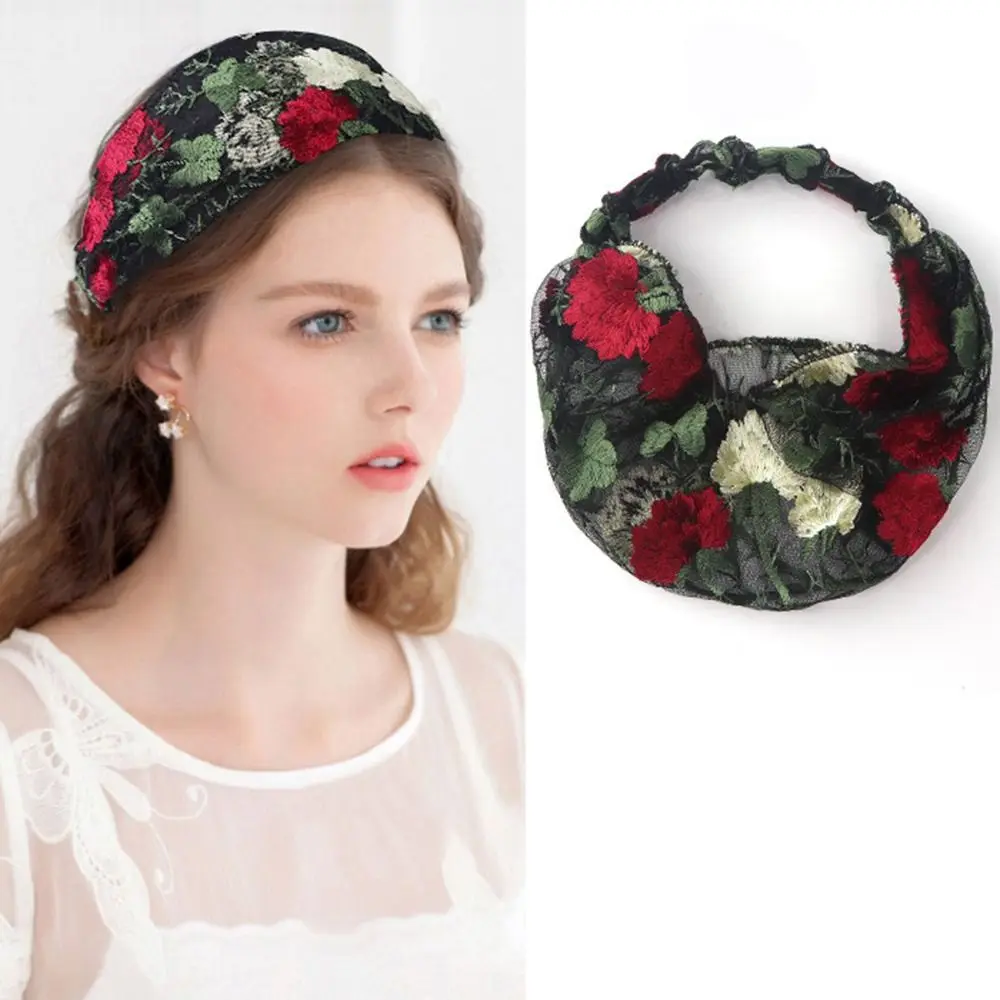 Creative Multicolor Embroidered Headscarf Hair Cover Thin Flower Pattern Headband Ethnic Floral Lace Headwear Female
