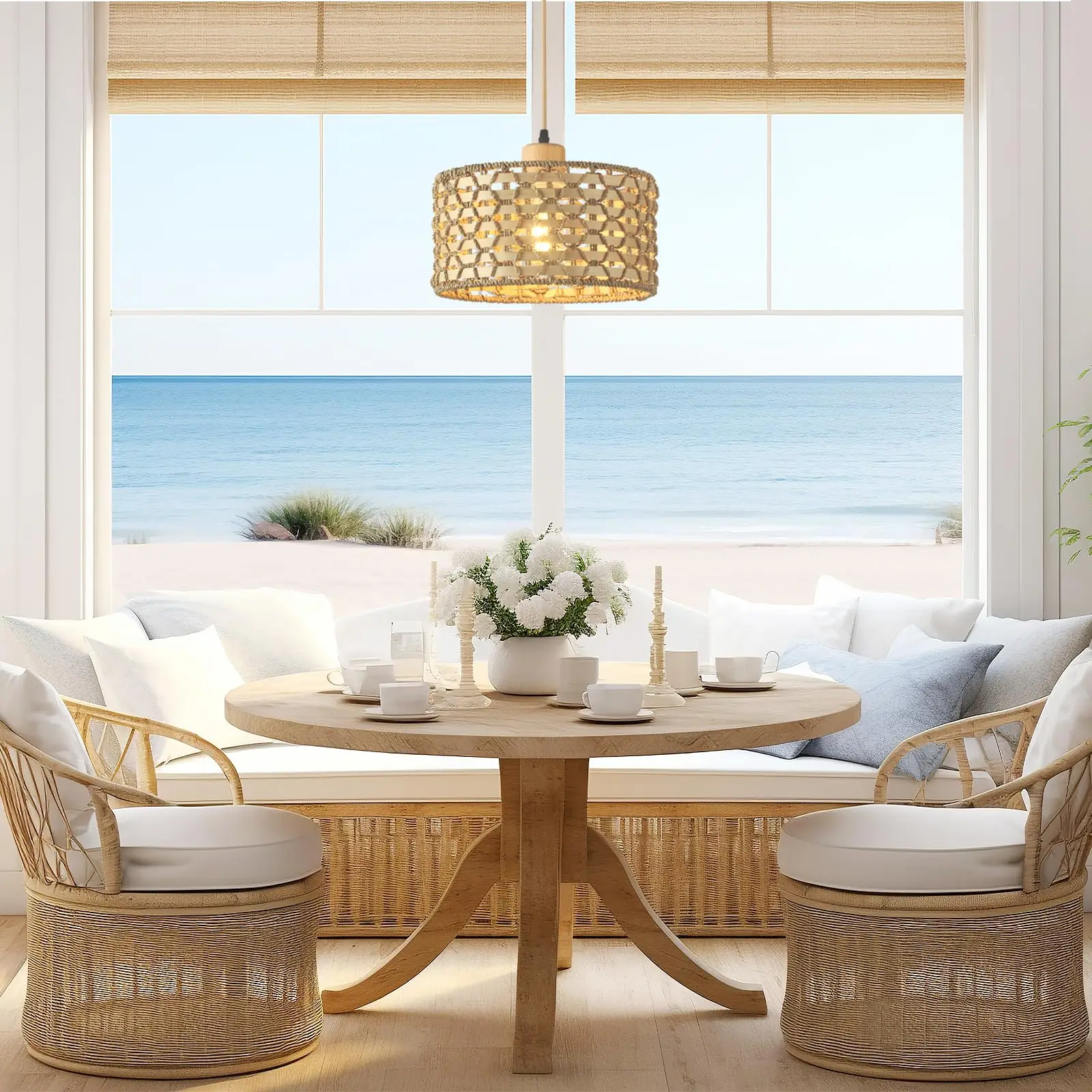 Hand-Woven Pendant Light, 11.8" Boho 1-Light Natural Rattan Hanging Lighting Fixture Ceiling Farmhouse Wicker Lamp