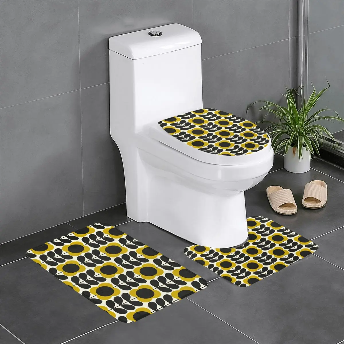 Custom Orla Kiely Summer Flower Stem 3 Pieces Bathroom Rugs Scandinavian Geometric Non Slip Absorbent Toilet Bath Mat Set