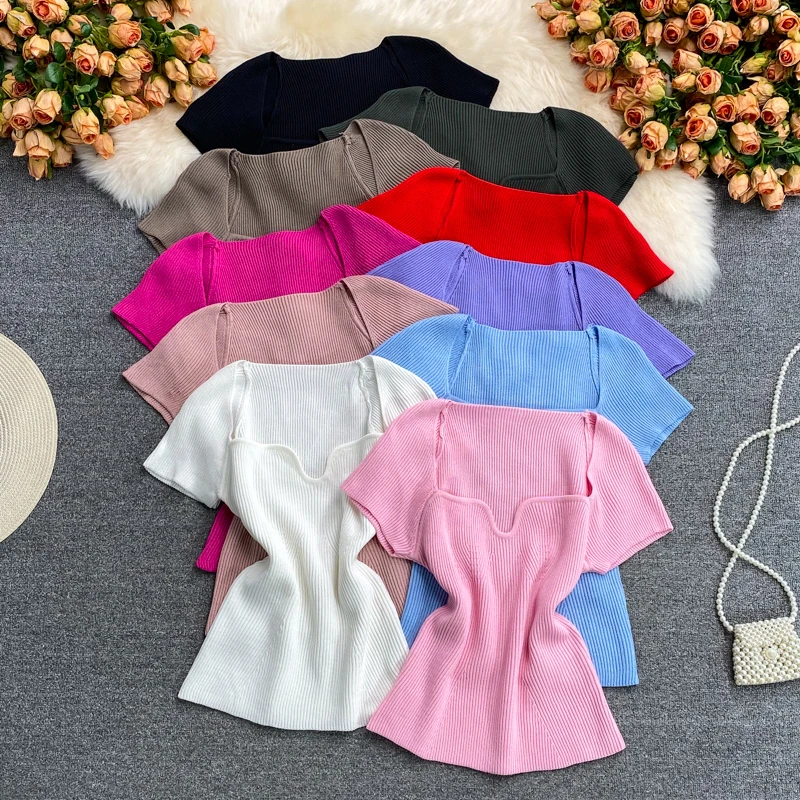 

ort Sve Square Collar Knitted T-irt Women's Faionable Length Bore Ne Design Summer Hot Girl Sle Top