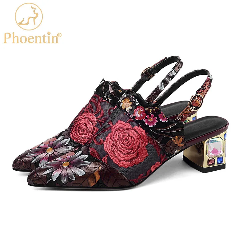 Phoentin Designer Shoes Flower Embroidery Wedding Shoes Bride Genuine Leather Mesh Patchwork Pointed Toe Crystal Heels FT1862