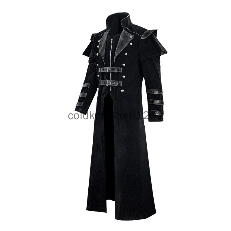 Fato gótico medieval Steampunk masculino, preto, vintage, guerreiro do palácio, cavaleiro, casaco longo, uniforme, roupas de festa Halloween