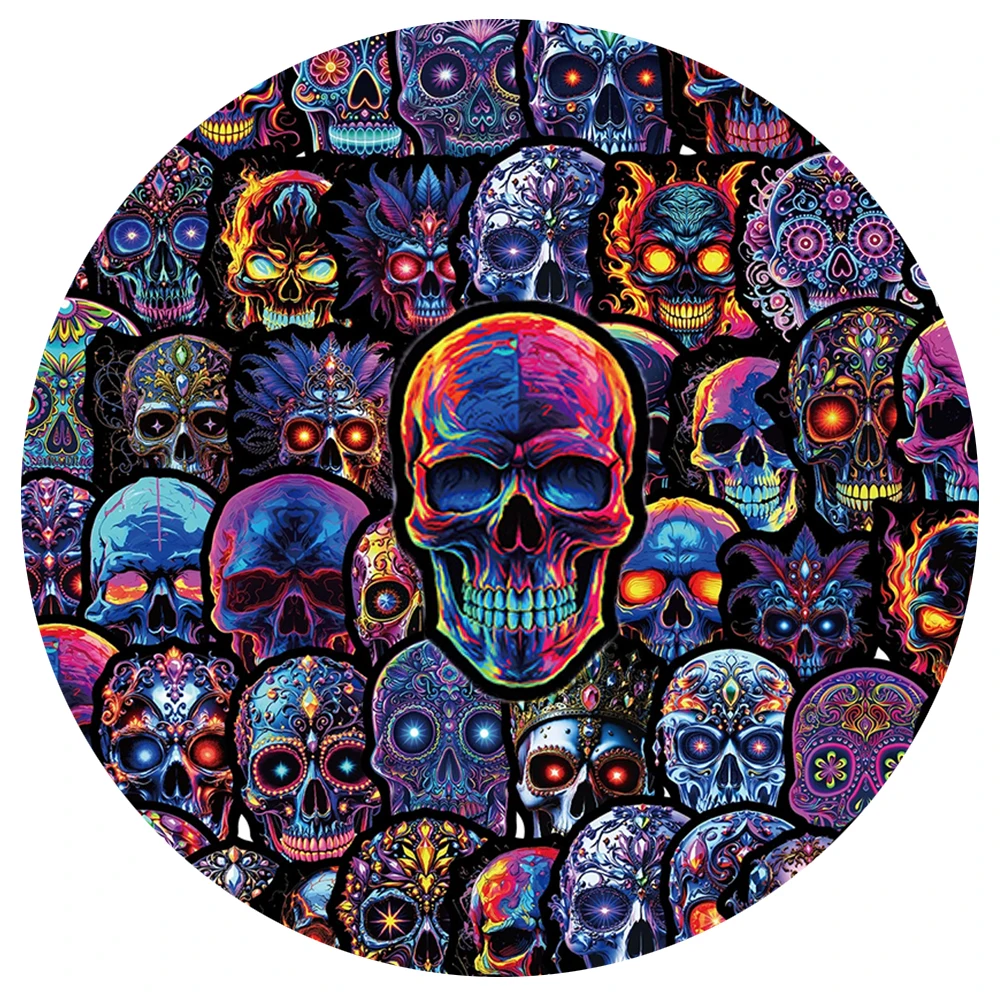 10/30/50pcs Neon Patterned Skull Stickers Cool Creative Graffiti Decals Skateboard Phone Helmet Guitar Cartoon Halloween Sticker