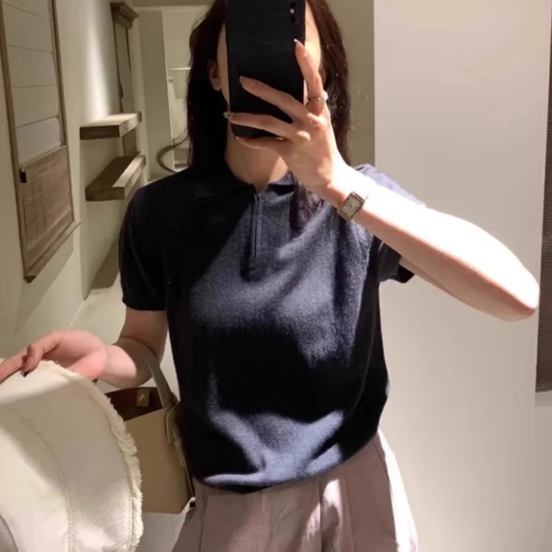 니트 스웨터 여성 풀오버 새로운 화이트 블랙 반팔 니트 스웨터 풀오버 여성 탑스 턴다운 칼라 니트웨어 Q2645