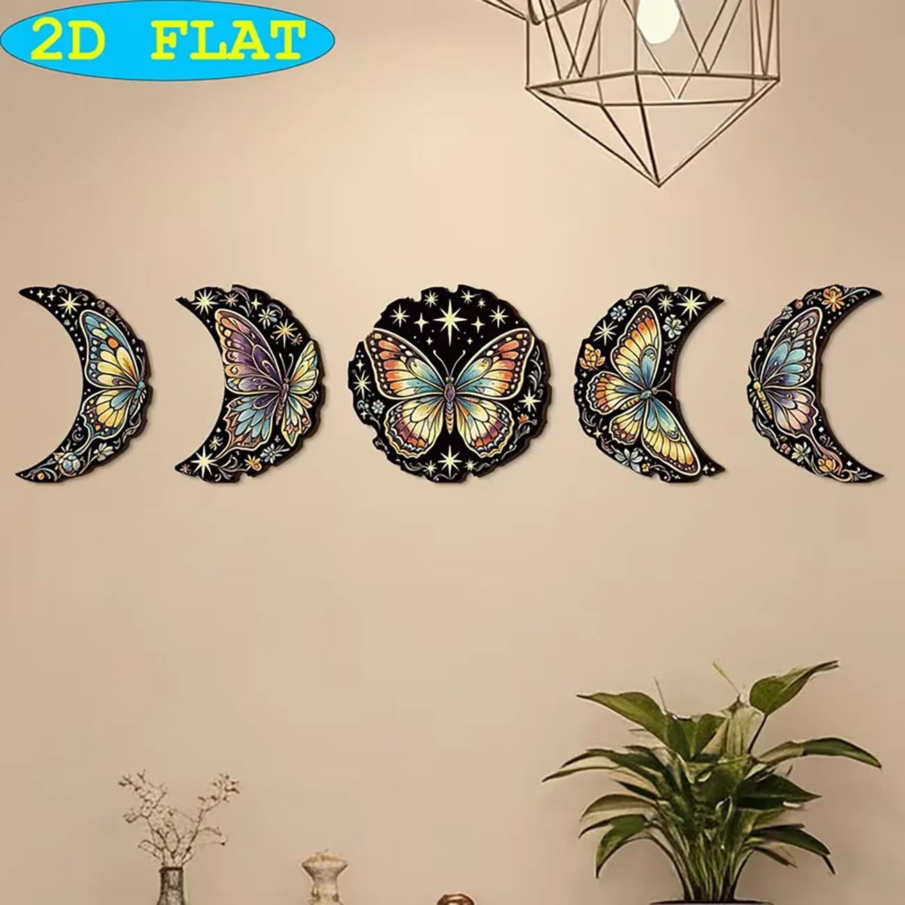 5 Pcs Wooden Moon Phase Butterfly Wall Decor 2D Flat Print Bohemian Wall Art for Bedroom Living Room Home Decoration