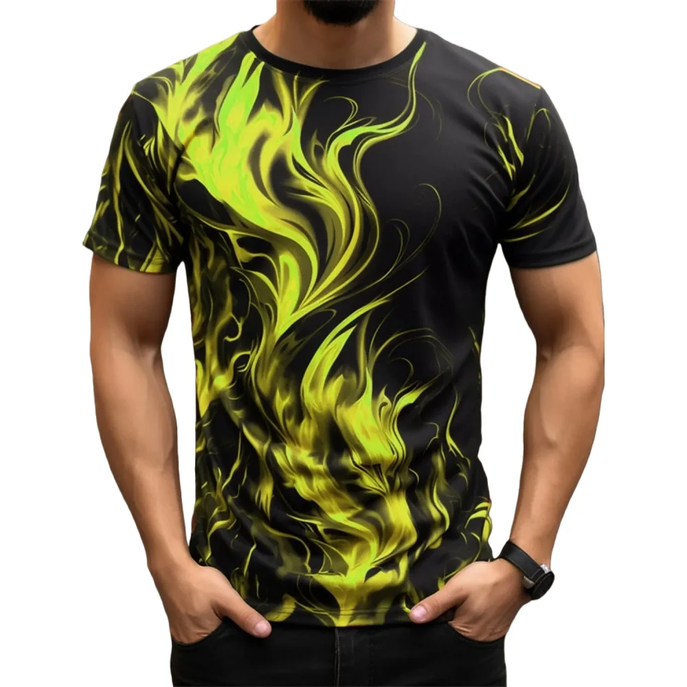 

Летняя популярная и крутая мужская футболка с 3D-печатью с пламенным узором, простая и модная футболка больших размеров, крутая тенденция, повседневная повседневная спортивная футболка