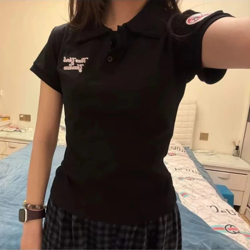 Deeptown Y2k Black Vintage Women's T-Shirts Harajuku Letter Print Short Sleeve American Style Polo Collar Tees Slim Gyaru Summer image 2