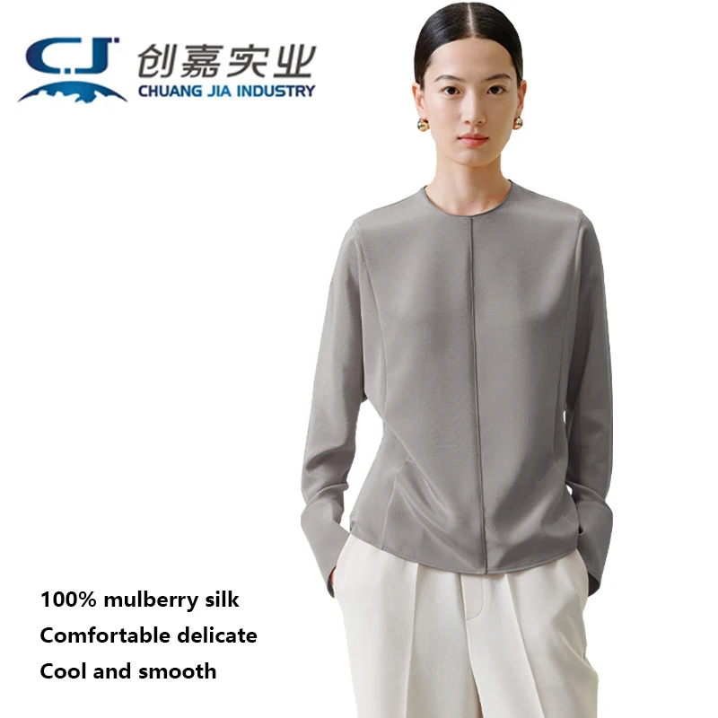 

Luxury Mulberry Silk Women Long Sleeve Round Neck T-shirt Gray Silk Temperament Elegant High-end Top Youth Fashion Trend Shirt