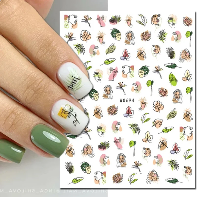 Nail Art 3d Decals Abstract Black Lines Lady Faces Leafs Flowers Adhesive Sliders Nail Stickers Decoration For Manicure
