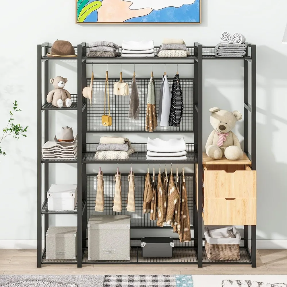 

Open-Style Wardrobe with Hanging Rails, Multi-Shelves and 2 Storage Drawers, Metal Armoire for Bedroom, Living Room, Guest