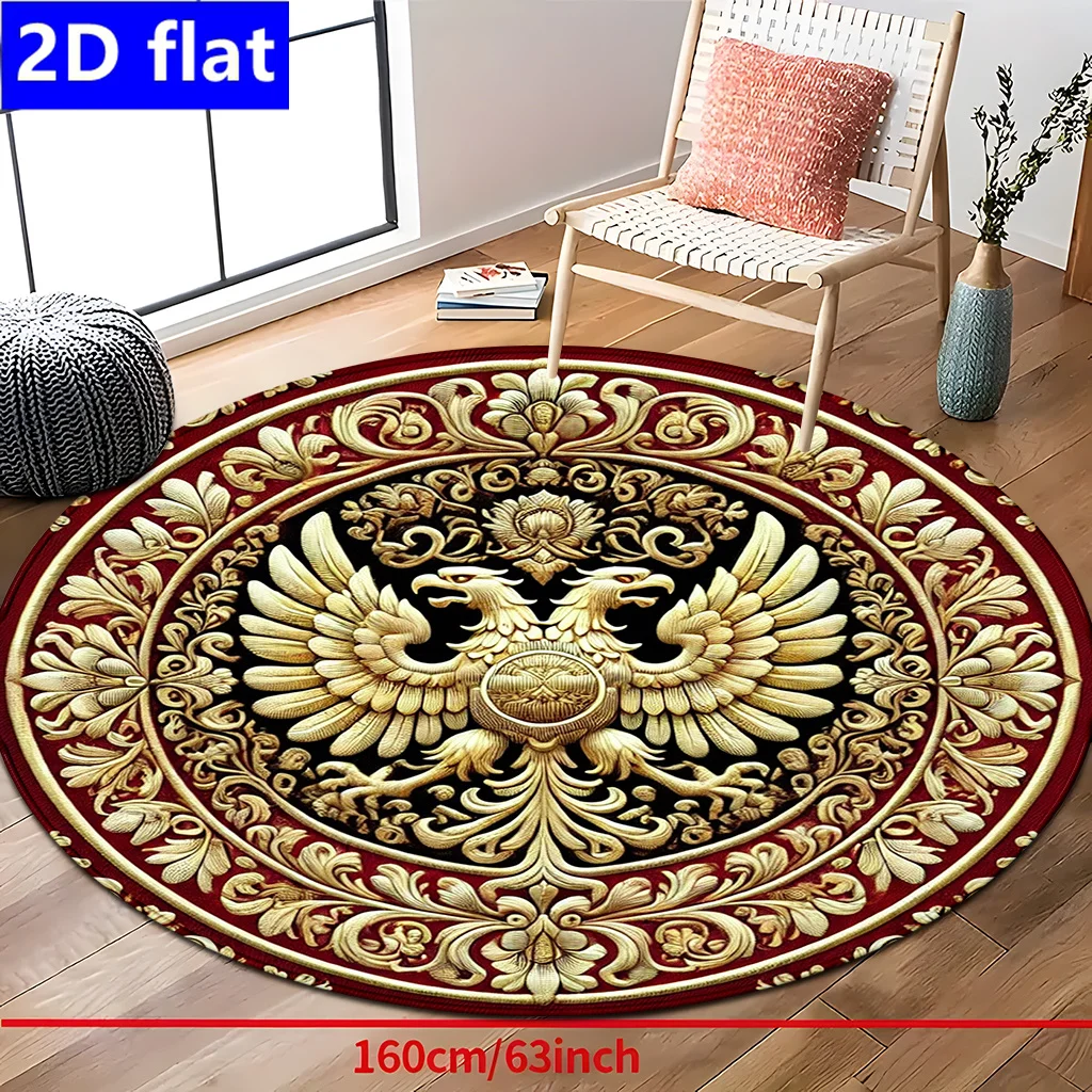 2D Flat Round Rug Door Mat Flannel Golden Eagle Pattern Home Decor 160cm Non Slip Washable Living Room Bedroom Floor Carpet