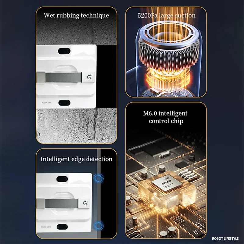 2026 Robot lavavetri robot lavavetri per la pulizia delle finestre in vetro RL528 grande serbatoio dell'acqua da 100 ml, sei getti d'acqua, forte aspirazione 5200 Pa