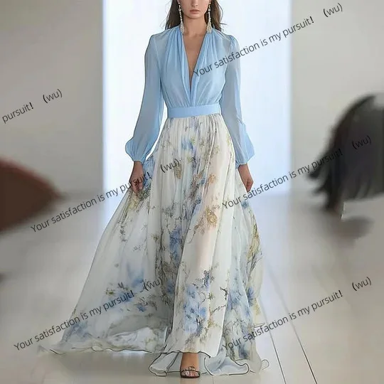 

Цифровая печать, V-образный вырез с длинными рукавами, платье, платье