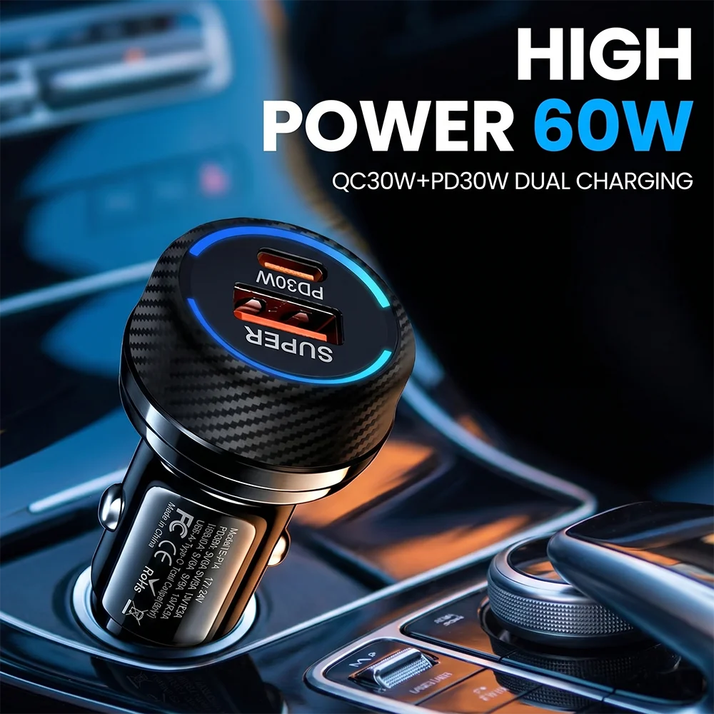 Cargador de coche de alta potencia de 60W con doble puerto, adaptador PD30W Tipo C y QC30W USB A con luz ambiental LED azul para vehículos universales