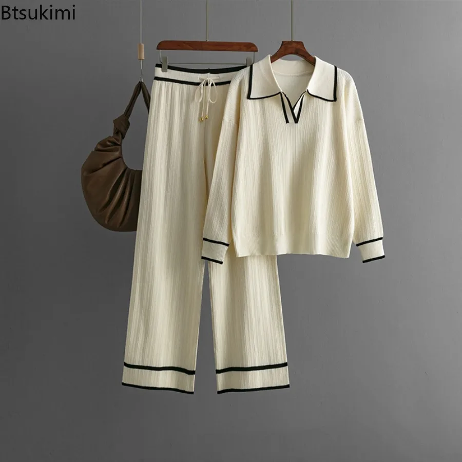 Autumn Winter Knitted 2-piece Sets Women's Turn-down Collar Loose Pullover Tops+High Waist Drawstring Wide Leg Pants Casual Suit