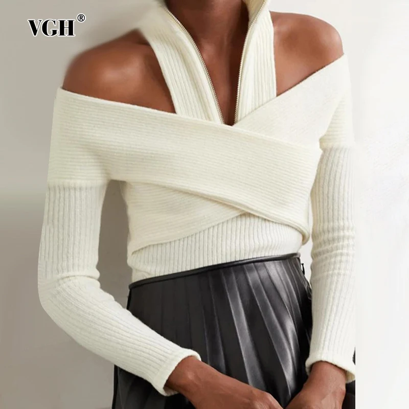 VGH-Pull Amincissant à Col Roulé et Manches sulfpour Femme, Patchwork Solide, Fermeture Éclair, Évider, Mode Féminine, Nouveau