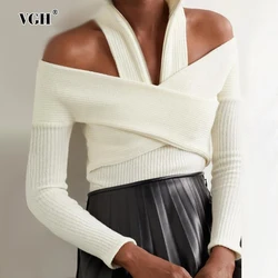 VGH Solid Patchwork Zipper Off Shoulder Sweaters For Women Turtleneck Long Sleeve Hollow Out Slimming Sweater Female Fashion New