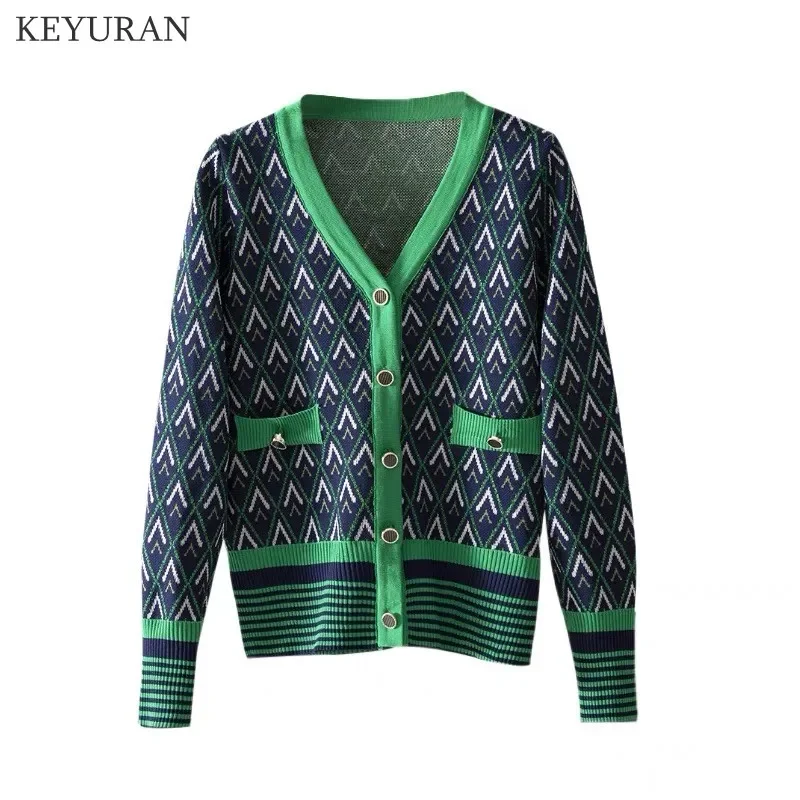 2024 Autumn Winter Sweater Cardigans Women Single Breasted Long Sleeve Vintage Argyle Casual Loose Green Knitted Outwear  Tops