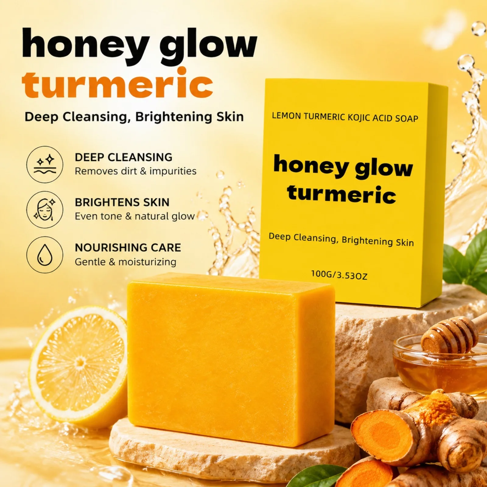 Turmeric Lemon Kojic Acid Soap Honey Glow Gentle Deep Cleansing Bar Soap Face & Body Washing Refreshing Skin‑friendly Soap