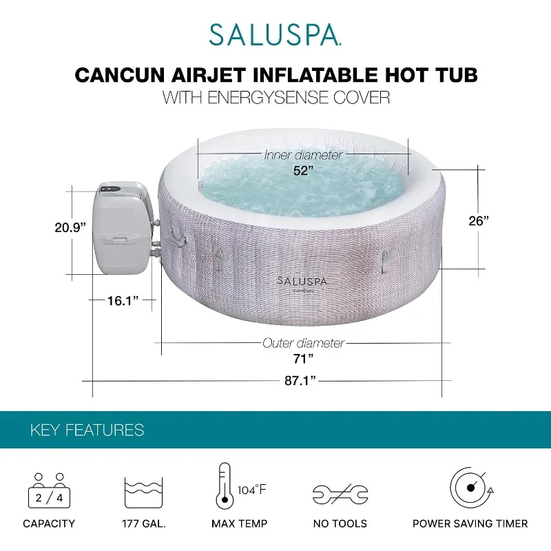 Bestway SaluSpa Cancun 2-4 Person Inflatable Hot Tub, Round Energy-Efficient Portable Spa with 120 AirJets, 71" x 26" image 2