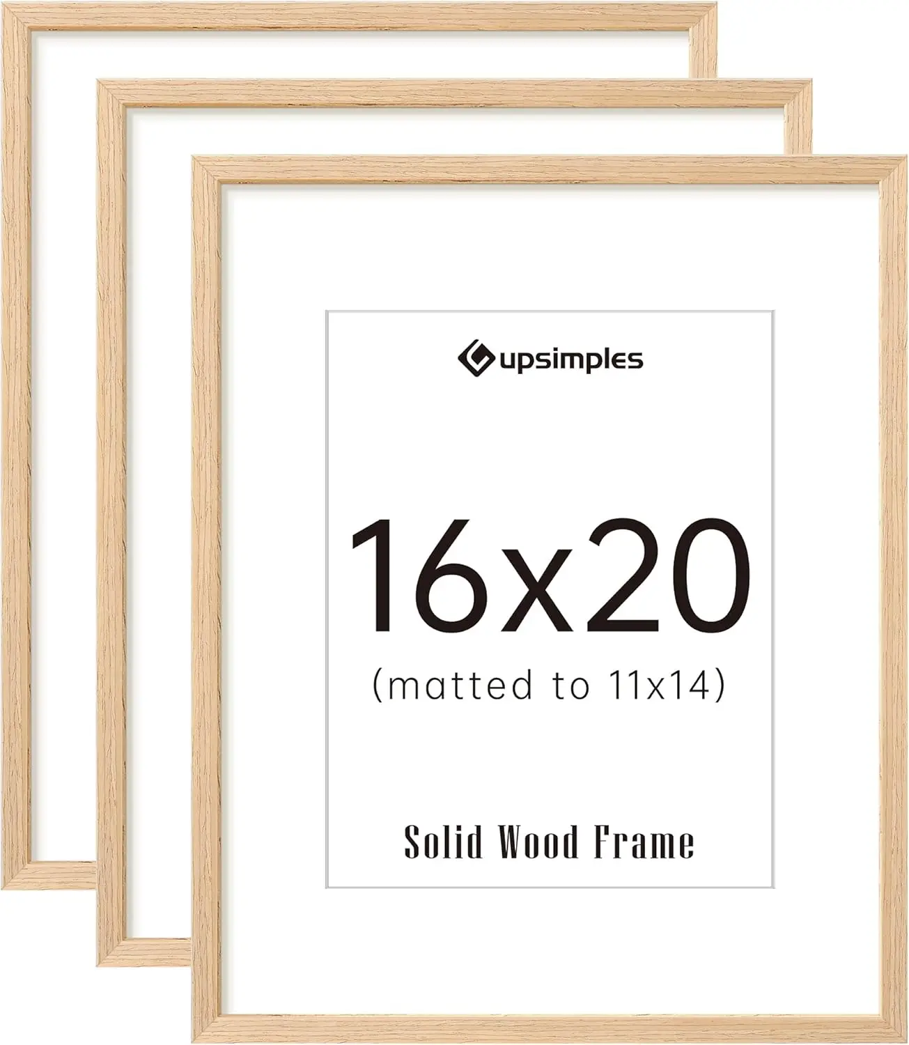 16x20 Picture Frames Set of 3, Natural Solid Wood Frames for 11x14 with Mat or 16x20 Without, Vertical or Horizontal Wall