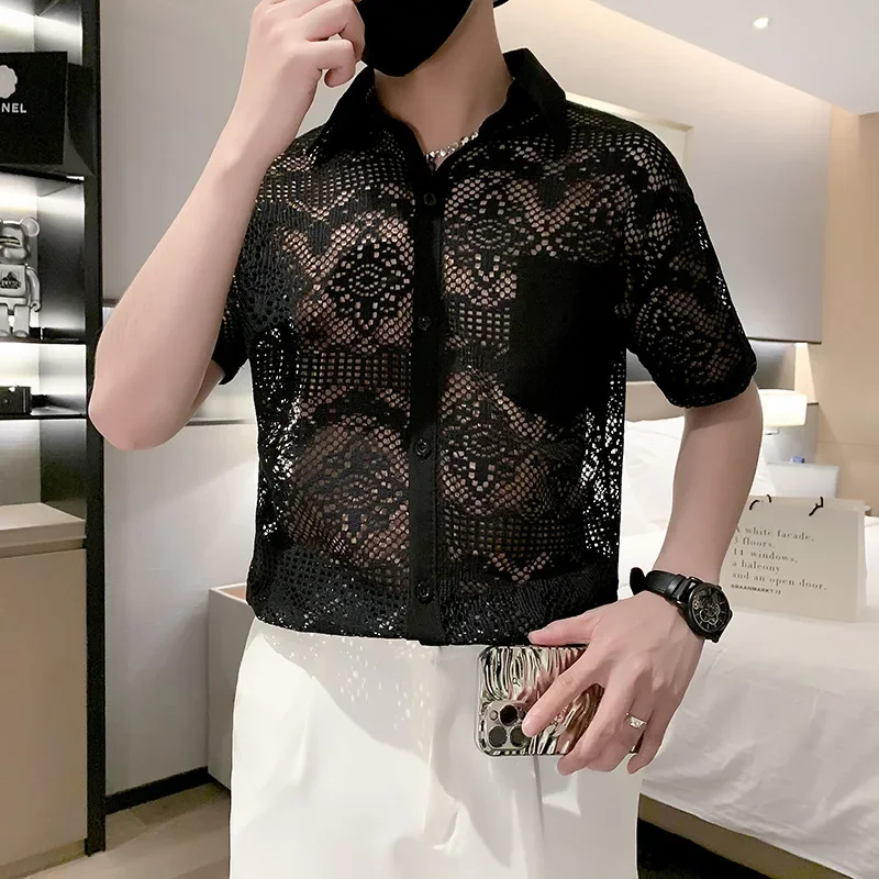 Summer Lace Hollowed Shirt for Men Short Sleeve Slim Fit Casual Shirts Sexy Social Streetwear Party Tuxedo Blouse Men Clothing