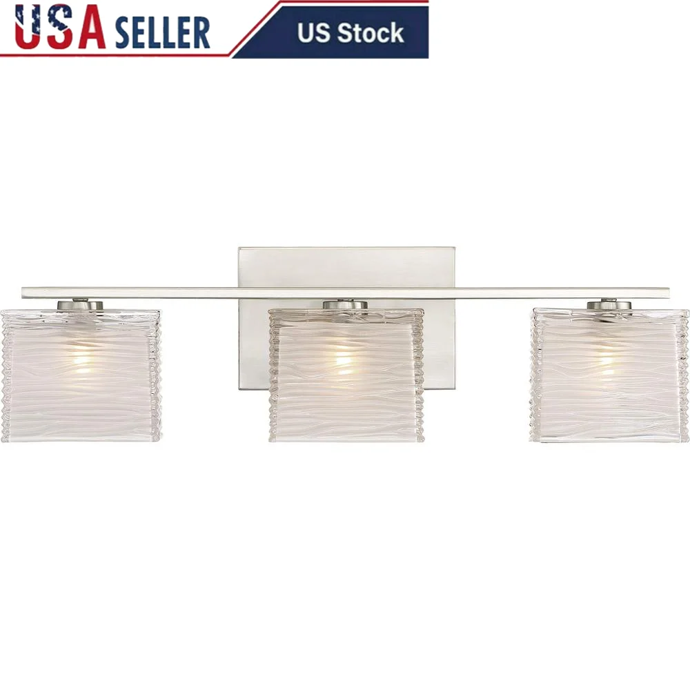 Modern Bathroom Vanity 3-Light Fixture Brushed Nickel Glass Wave Pattern Indoor Lamp 180W ETL Approved spa-light Décor Lighting