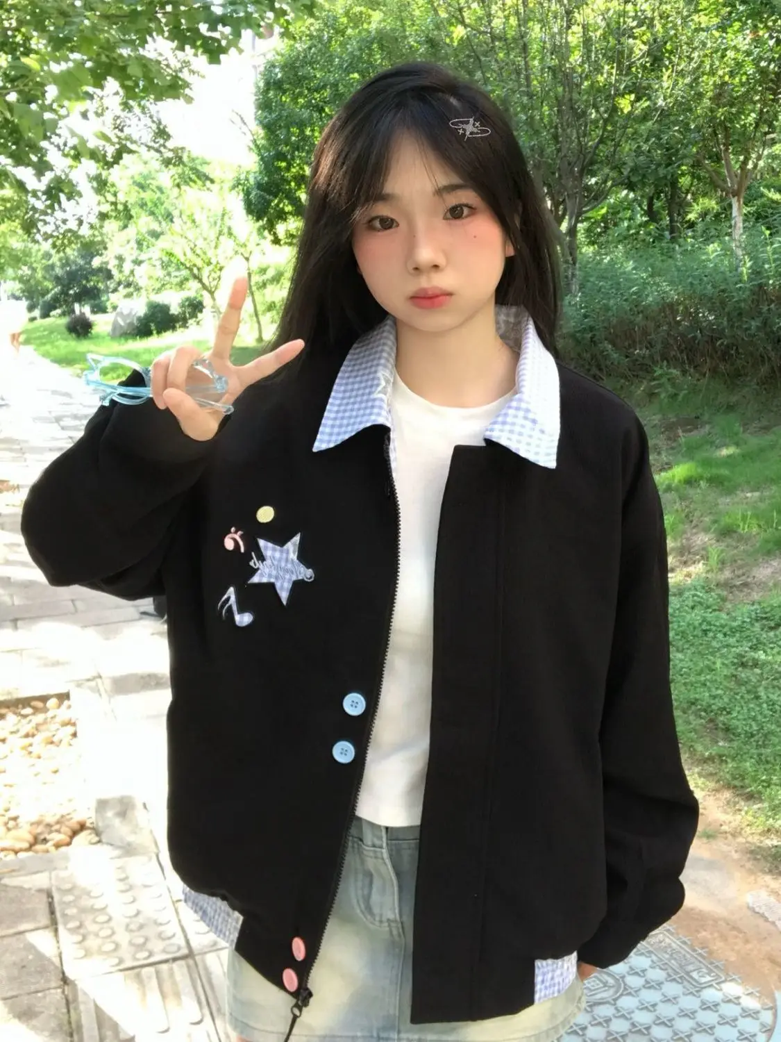 Women Casual Streetwear Coat Solid Zipper Slim Patchwork 2025 Autumn Japanese Kawaii Long Sleeve Short Jacket Turn-Down Neck