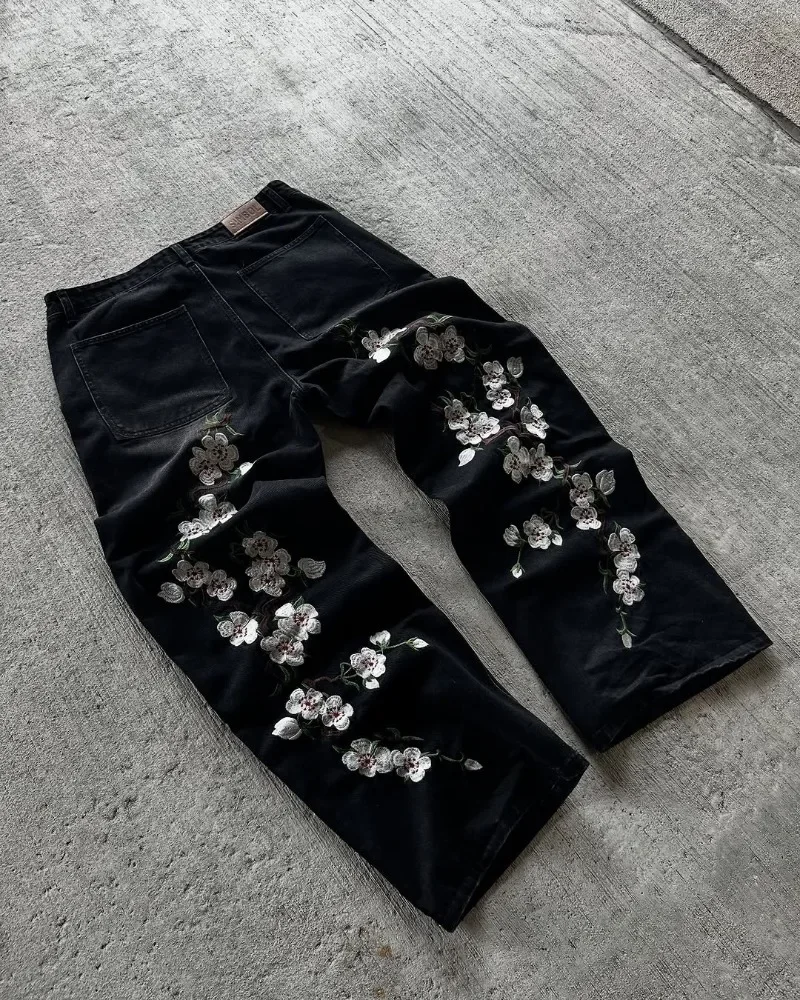 2025 High Waist Wash Jeans Retro Petal Prints Oversized Wide-leg Pants Cropped Pants Casual Slim Fashionable Trousers Men Women