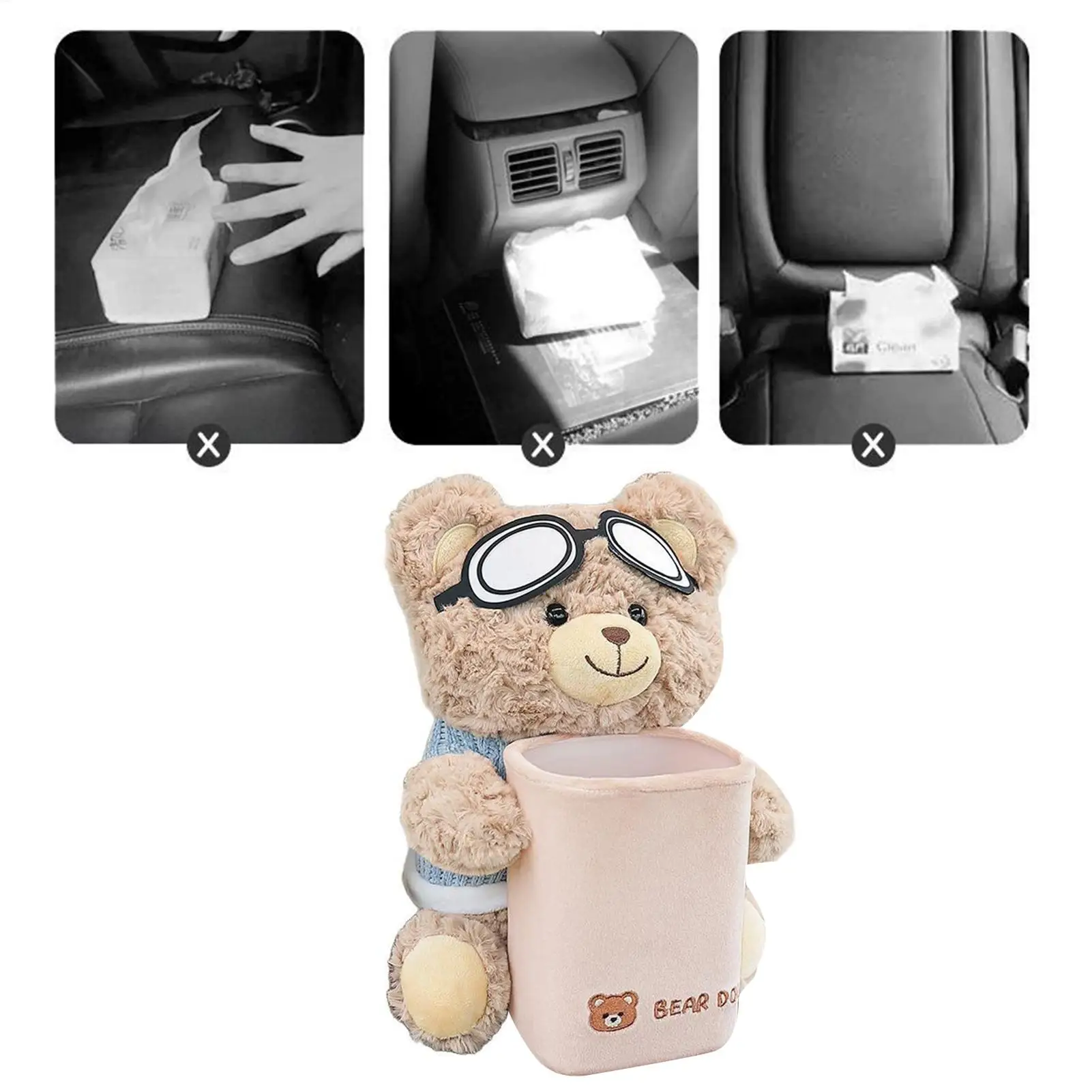 Auto-Taschentuchbox-Halter Fahrzeug-Papiertuch-Aufbewahrung 2-in-1 Fleckenresistenter Cartoon-Bär Taschentuchhalter und Mülleimer für Armlehne