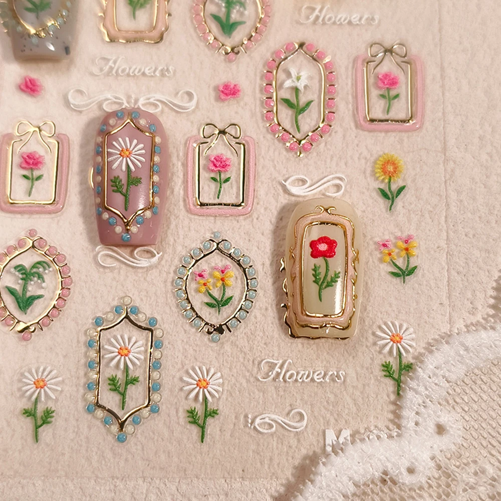 Retro Stempel Tulpen Nagelkunst Aufkleber Blumen Selbstklebende Nagelsticker 5D Geprägte Maniküre DIY Zubehör Jelly Goldene Gänseblümchen Slider