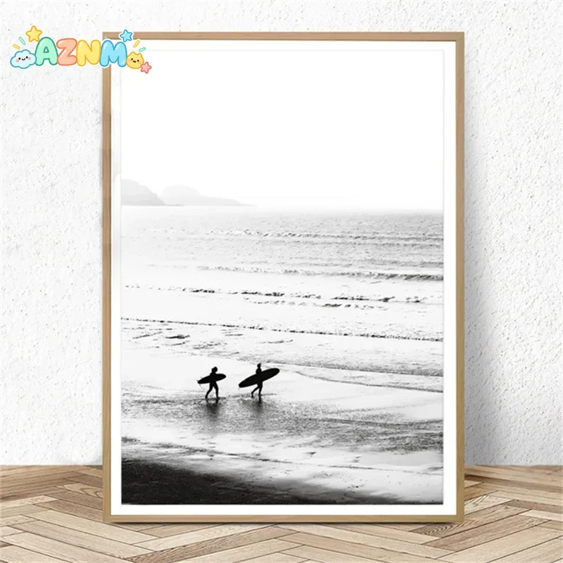 (No frame)Camper Van Beach Print Surf Art Boho Decor Retro Black and White California Ocean Poster and Prints Modern Living R