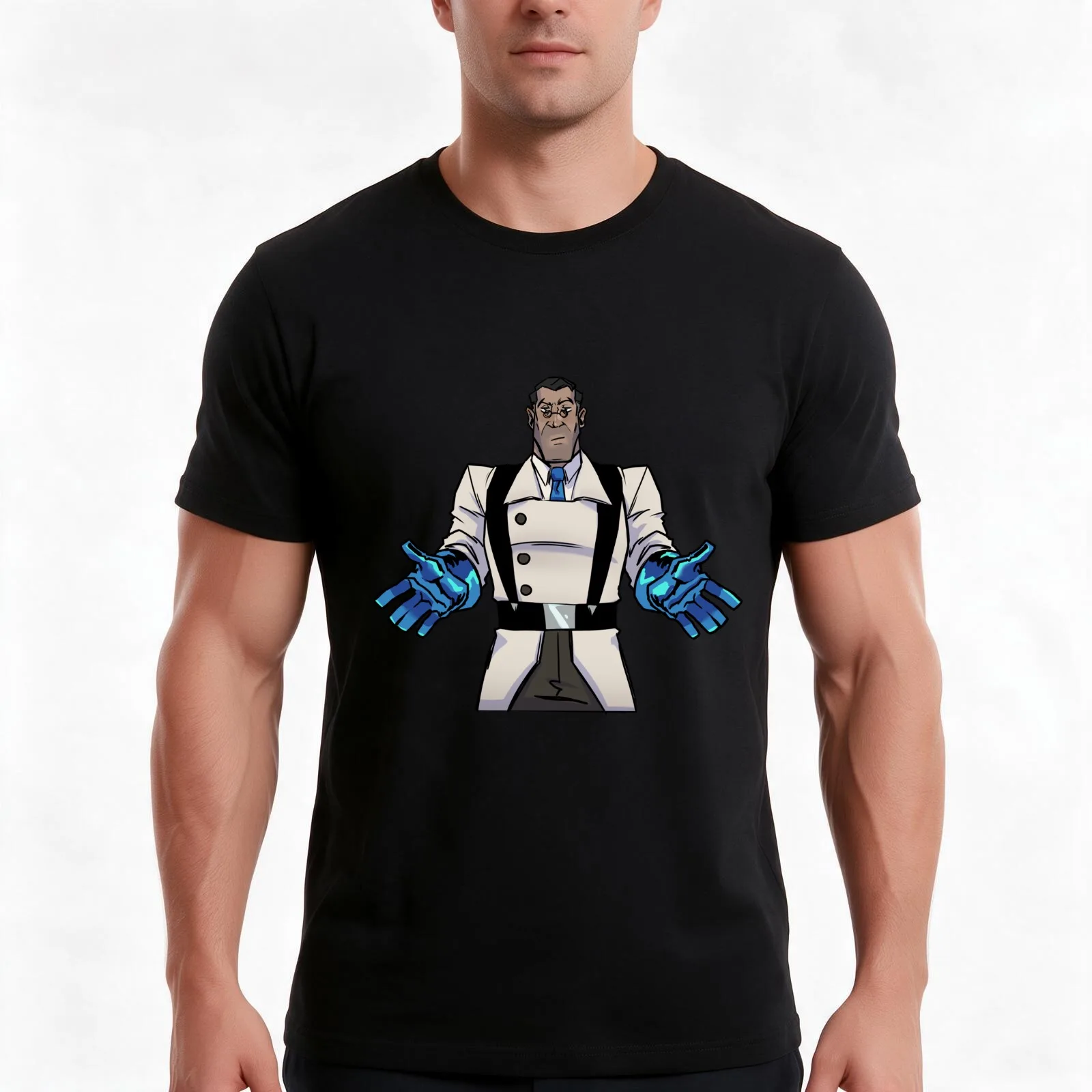 BLU tf2 shrug T-Shirt, Summer Casual Cotton Tee, Oversized Streetwear Tops, Vintage Graphic Print, Loose Fit Short Sleeve