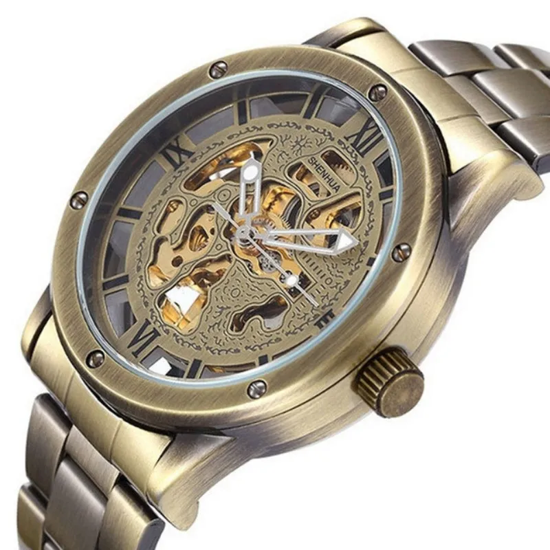 

Automatic Bronze Watch Men Luxury Brand Clock Male Stainless Steel Strap Antique Steampunk Skeleton Mechanical Wristwatch