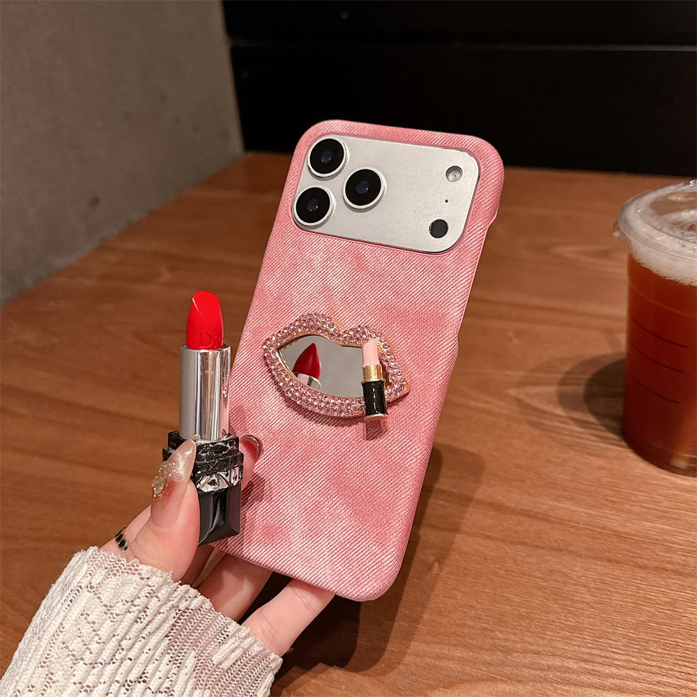 

Y2K Luxury 3D Rhinestone Lip Mirror Phone Case for iPhone 17 Pro Max Girly Vintage Jeans Texture Cover for iPhone 16 15 14 13