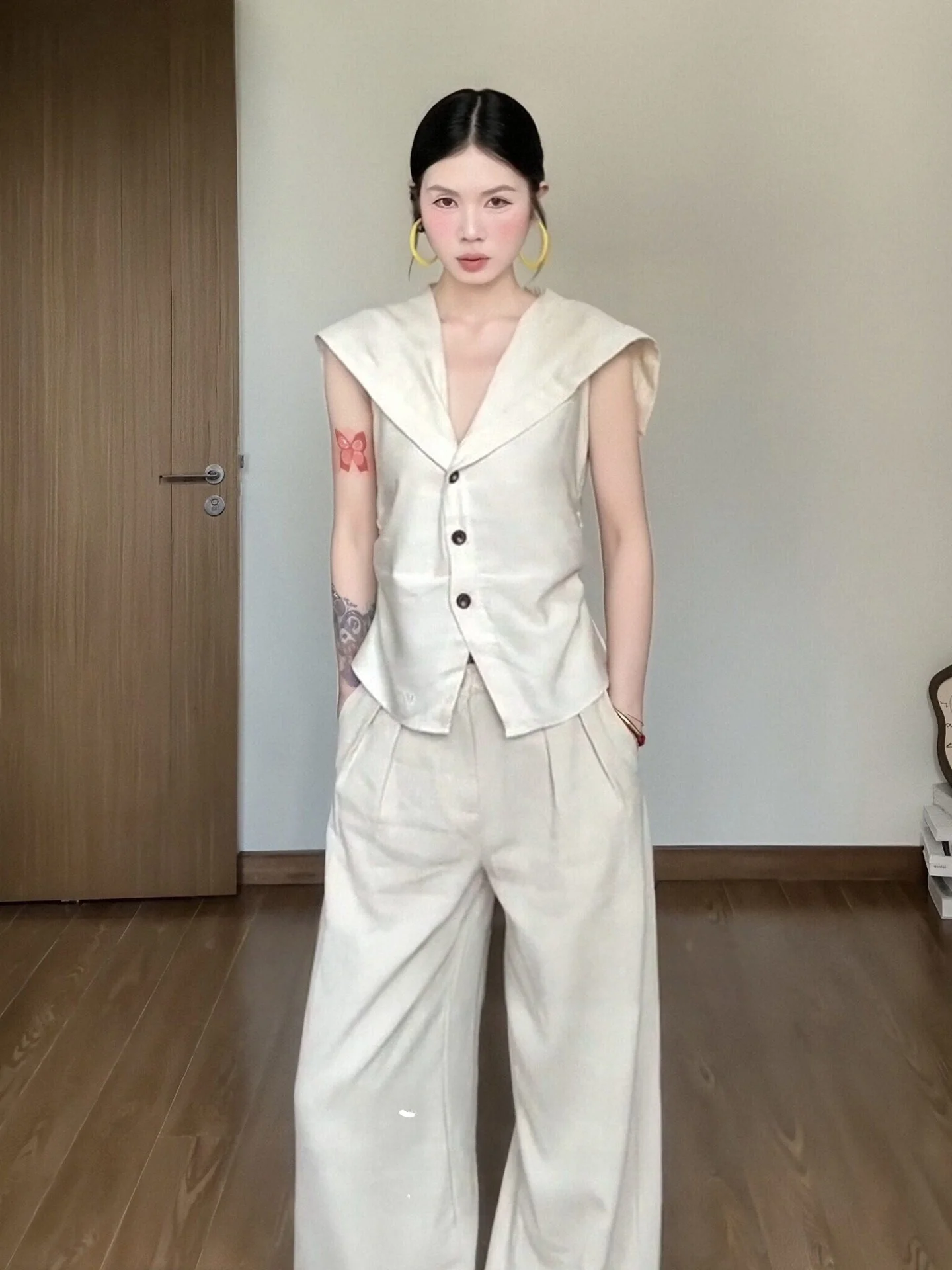 

Slim Fit V-Ne Svel Navy Vest Women's Spring Casual Wide Leg Pants Set Faion Sensation Waist Cinching Slimming