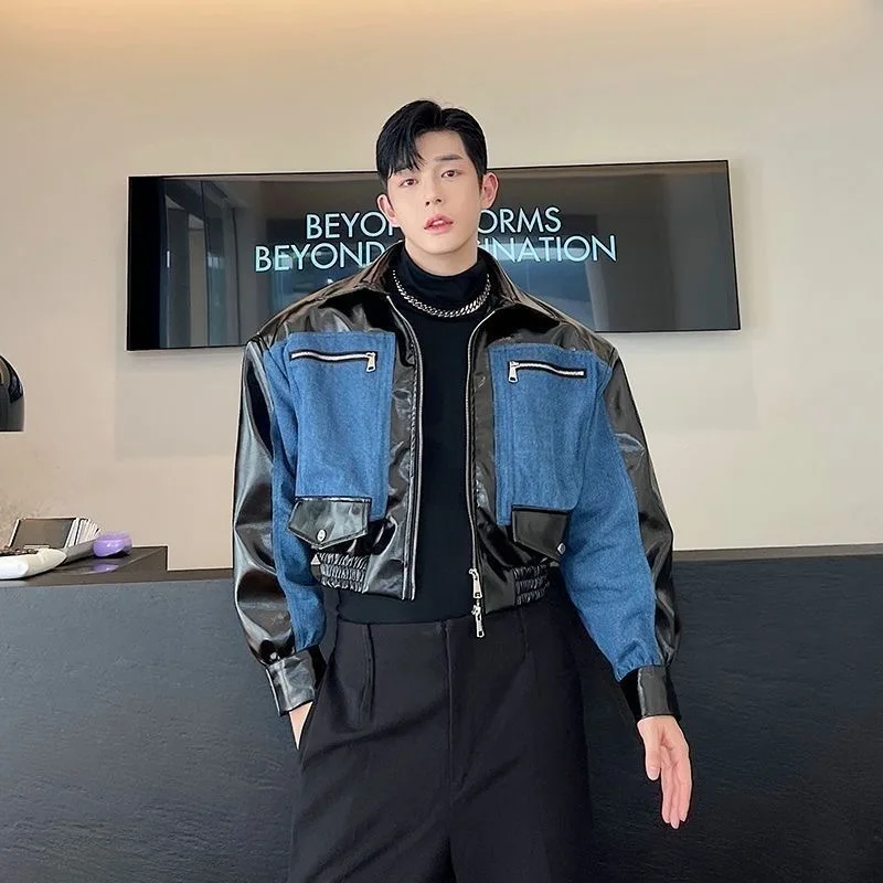 Fall Winter Short Denim Patchwork Jacket Men's Outerwear Korean Style Fashion Urban PU Leather Jacket Trendy Street Style