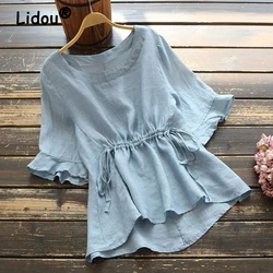 Women's Clothing 2023 Summer Trendy Lace Up Asymmetric Y2K Tops Solid Cotton Loose Short Sleeve Blouse Chic Elegant Shirt Blusas