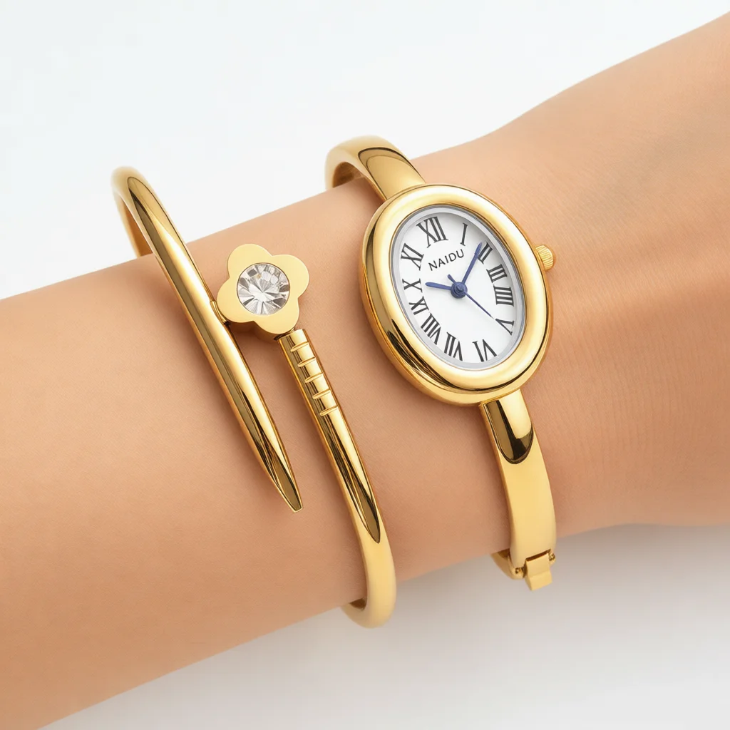 2PCS Women Watch Sets FREE Stainless Steel Bracelet Small Retro Luxury Bracelet Quartz Watch, Fashion Casual Waterproof Stainles