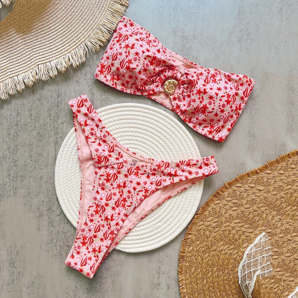 

Pink Floral Print Bandeau Bikinis Sets Metal Conch Holiday Swimwear Sexy Swimsuit Women 2025 High Leg Cut Bathing Suit Biquinis