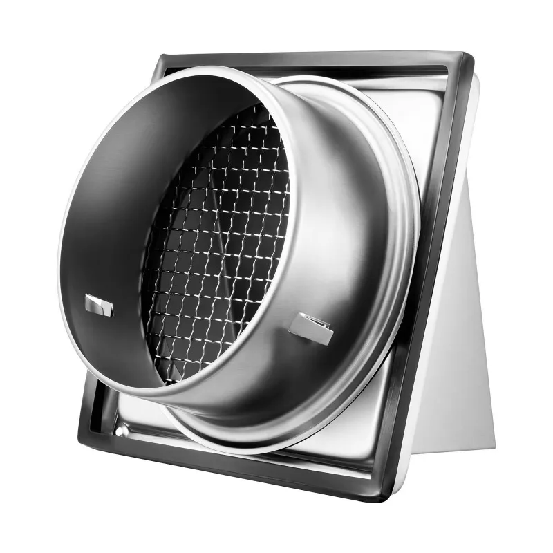 Silver 6-inch stainless steel wall vent cover with external air extraction for ventilation fan components