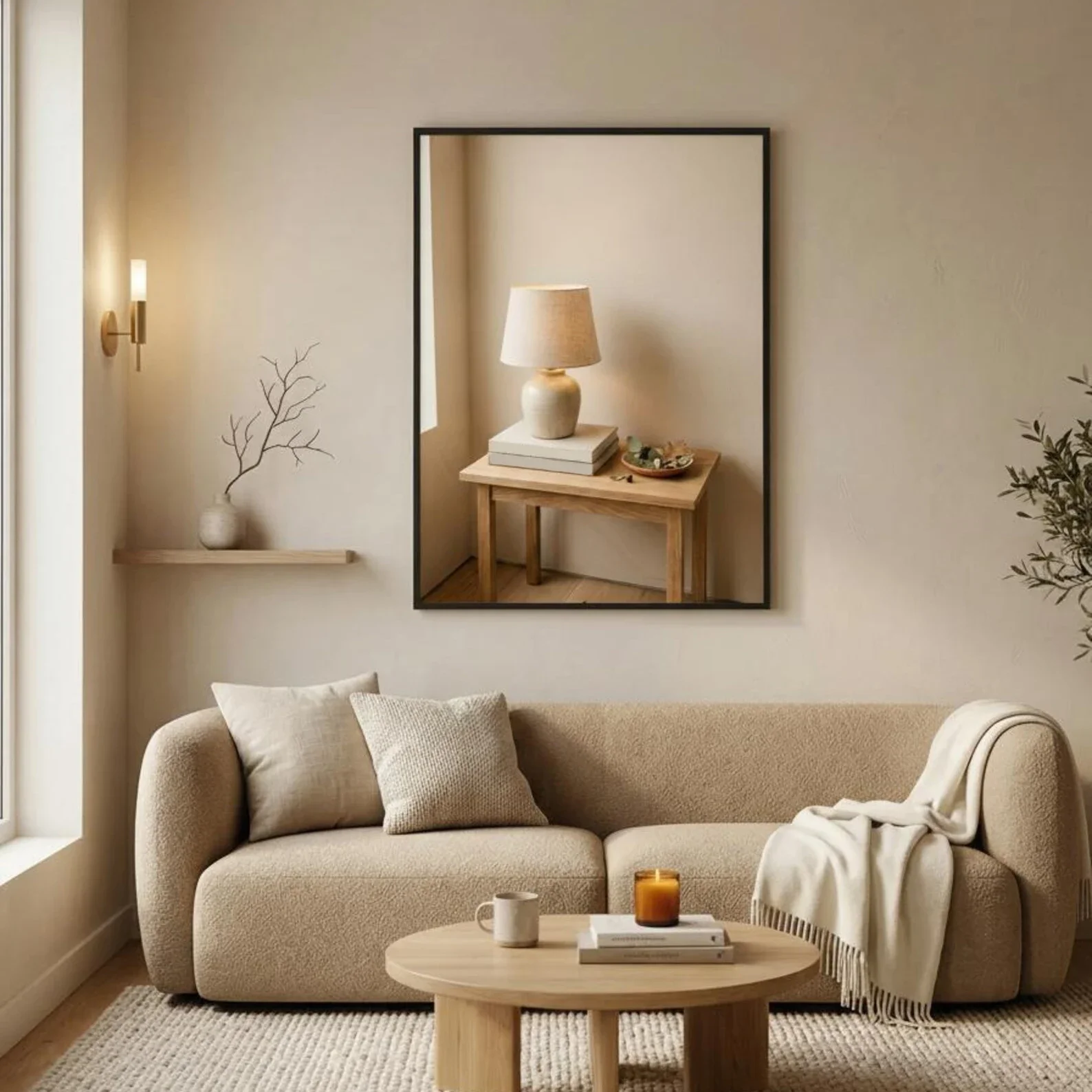 Wabi Sabi Interior Scene Wall Art Print Set, Neutral Beige Rustic Home Dried Flower Wooden Furniture Canvas Poster Home Decor