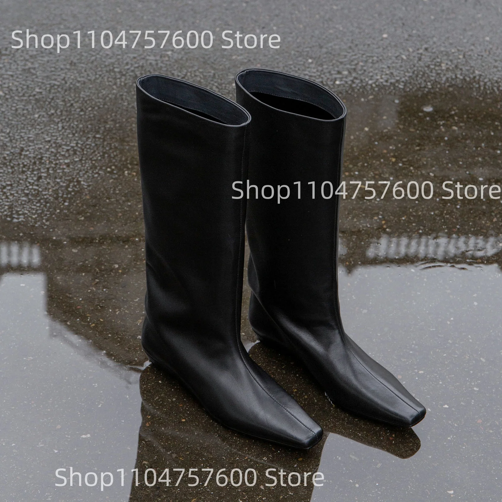 

Women's Black Leather Knee High Boots Square Toe Low Wedge Heel Design Elegance Casual Retro Ladies Street Classic Long Botas