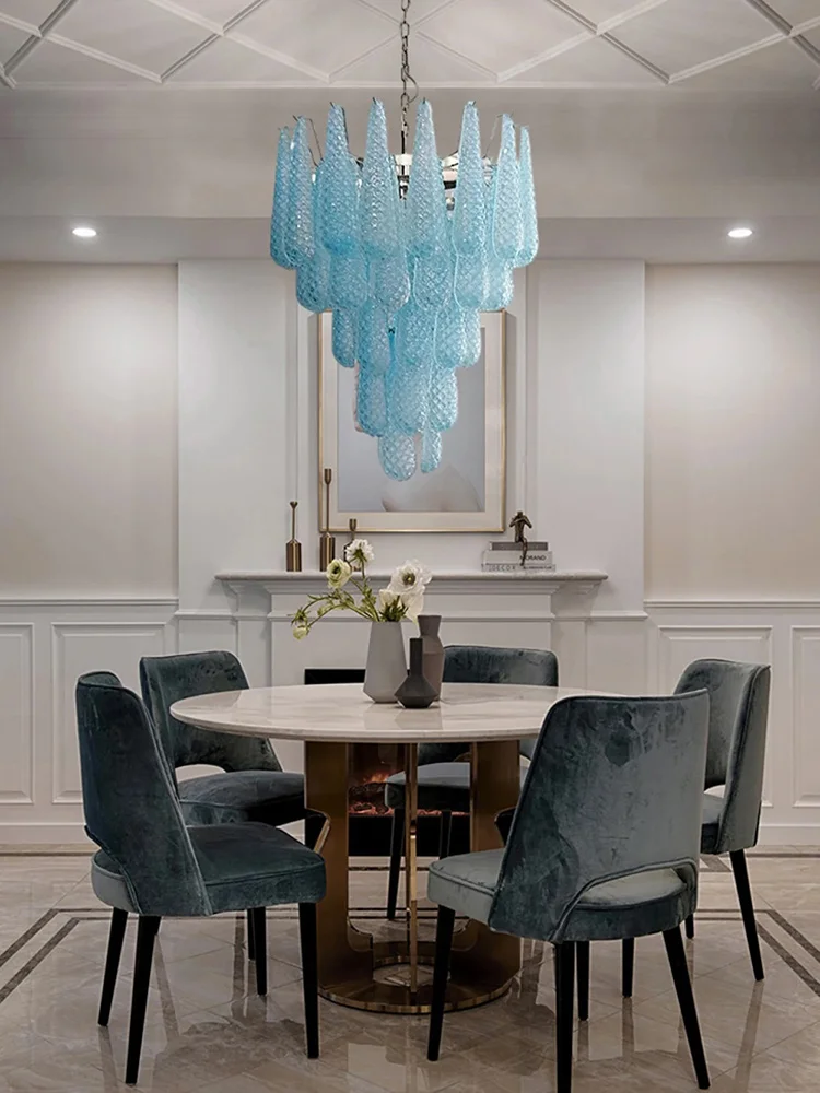 Upgrade Your Home With Exquisite E14 Led Chandeliers Crafted From Blue Glass Dimming Function Hanging Over Living Room
