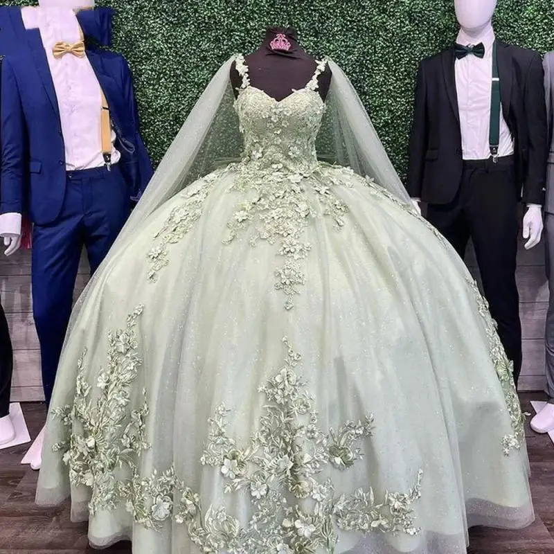 

Customized Glittering Green Quinceanera Dress with Bow and Cape Beading 3D Flower Lace Vestidos De 15 Anos Princess Party