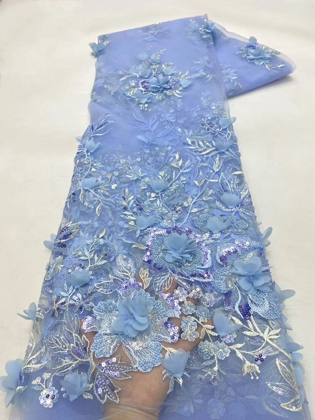 African Lace Fabric 2026 High Quality French 3D Flower Sequins Embroidery Beads Tulle Lace Fabric For Party Dress